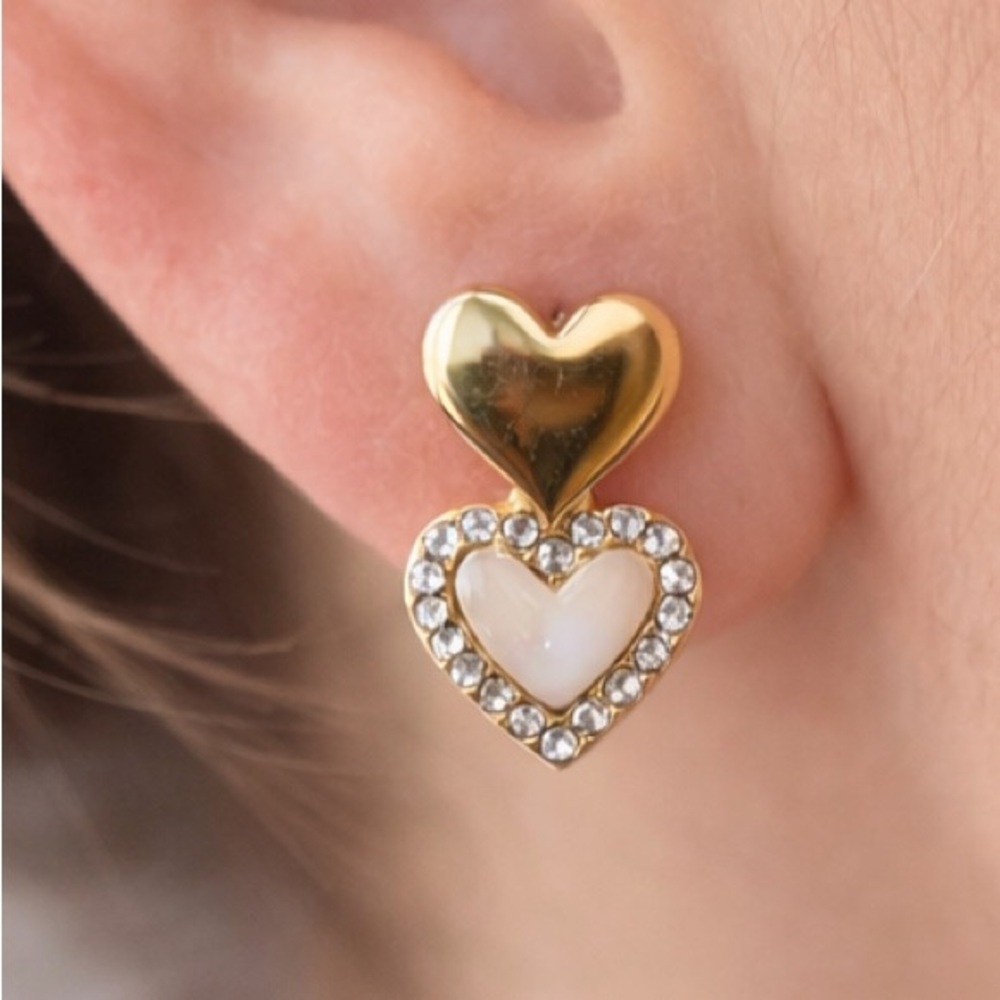 Vintage Ann Taylor Gold Heart Drop Earrings Mother of Pearl Rhinestone Romantic